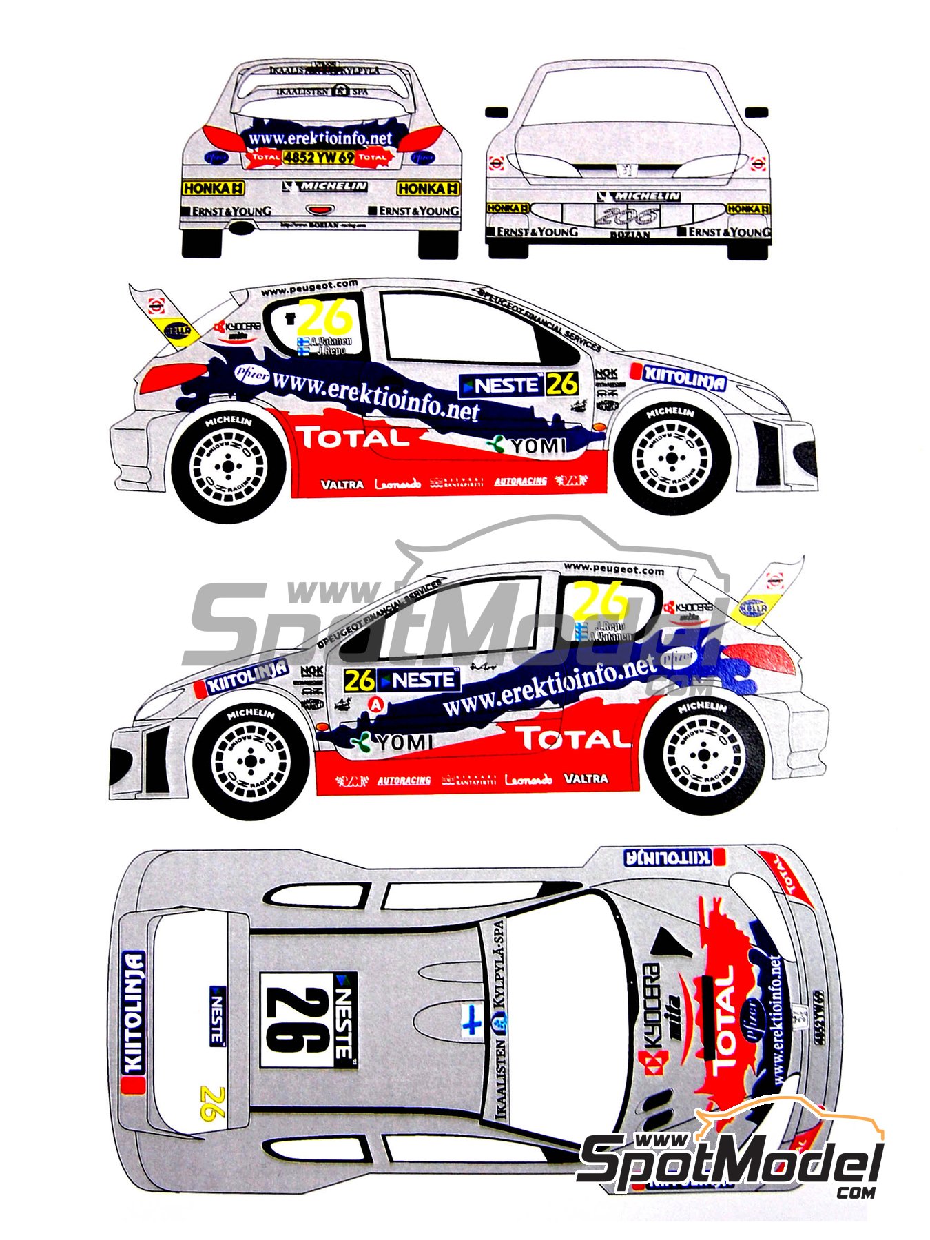 Peugeot 206 WRC sponsored by Total - Neste Rally Finland 2003. Marking /  livery in 1/24 scale manufactured by Renaissance Models (ref. TK24-172, also